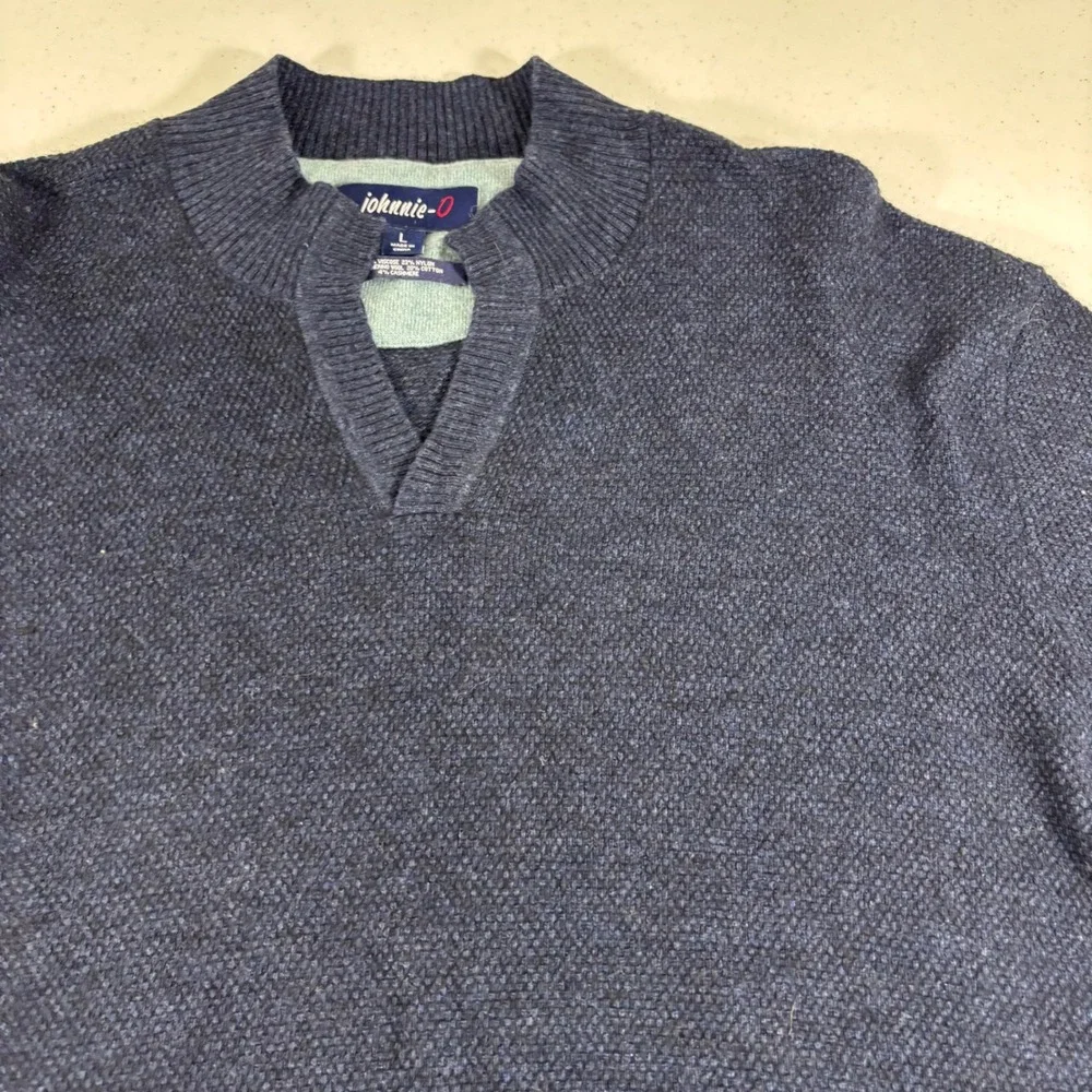 Johnnie-O Esteban Navy Blue Merino Wool Cashmere Blend Notch V-Neck Sweater Sz L